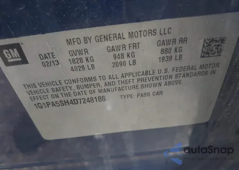 2013 Chevrolet Cruze Ls Auto из США, поврежденный, VIN 1G1PA5SH4D7248186